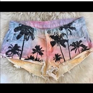 LF Carmar Distressed Rainbow Palm Denim Shorts 25